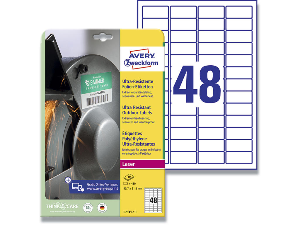 Etiketter, 45.7x21.2 mm, Hvid, 480 etiketter i alt, Avery Ultra Resistant 