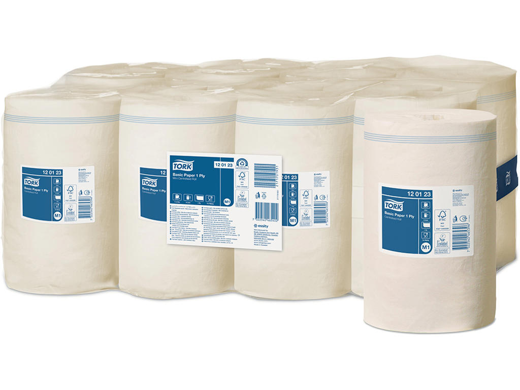 Aftørringsrulle, Centertræk, 1 lag, 11 ruller, Tork Basic Mini M1