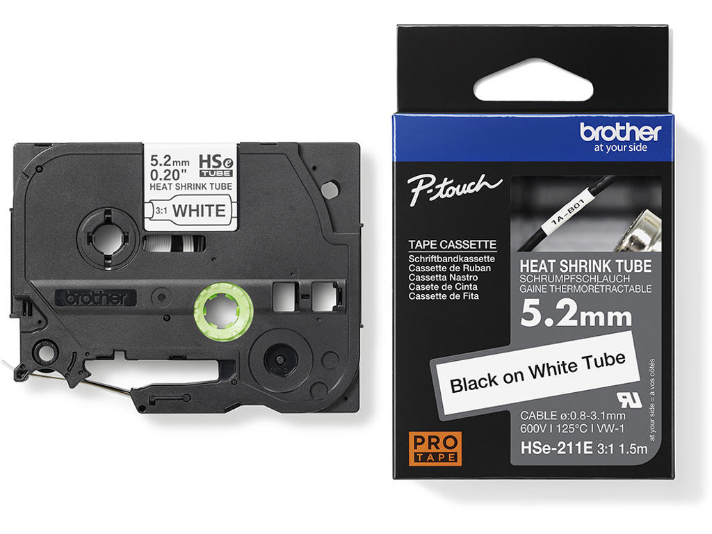 Labeltape, Krympeflex, 5.2mm x 1.5m, Sort på Hvid, Brother P-Touch HSe211E