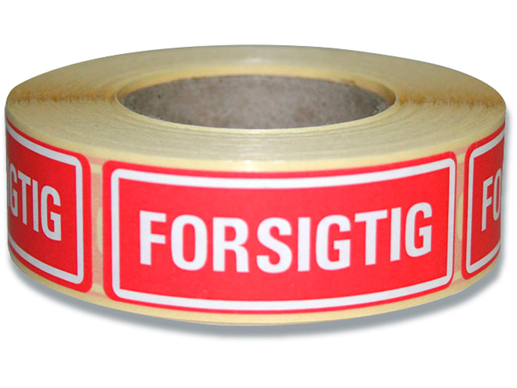 Etiketter, 24x64.6 mm, Rød og hvid, 500 etiketter i alt, BNT ''FORSIGTIG'' Smal