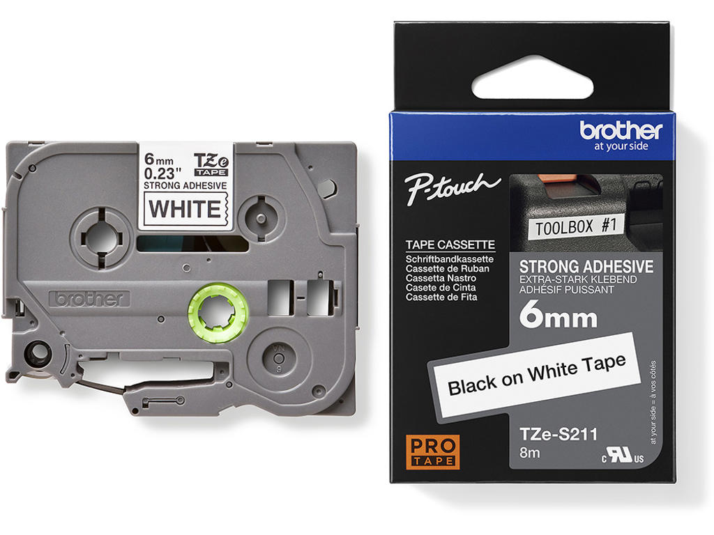 Labeltape, 6mm x 8m, Sort på Hvid, 1 rulle, Brother P-Touch TZe-S211