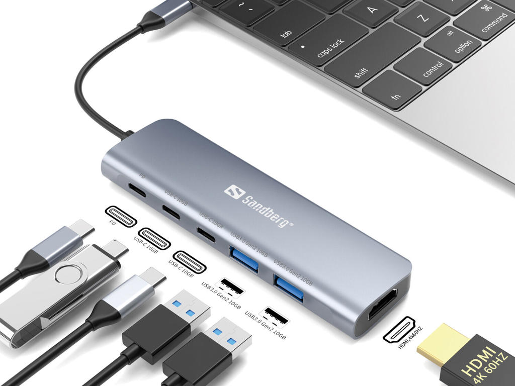 Sandberg USB-C Dock HDMI + 2xUSB-A + 2xUSB-C + PD100W Ledningsført USB 3.2 Gen 1 (3.1 Gen 1) Type-C Aluminium