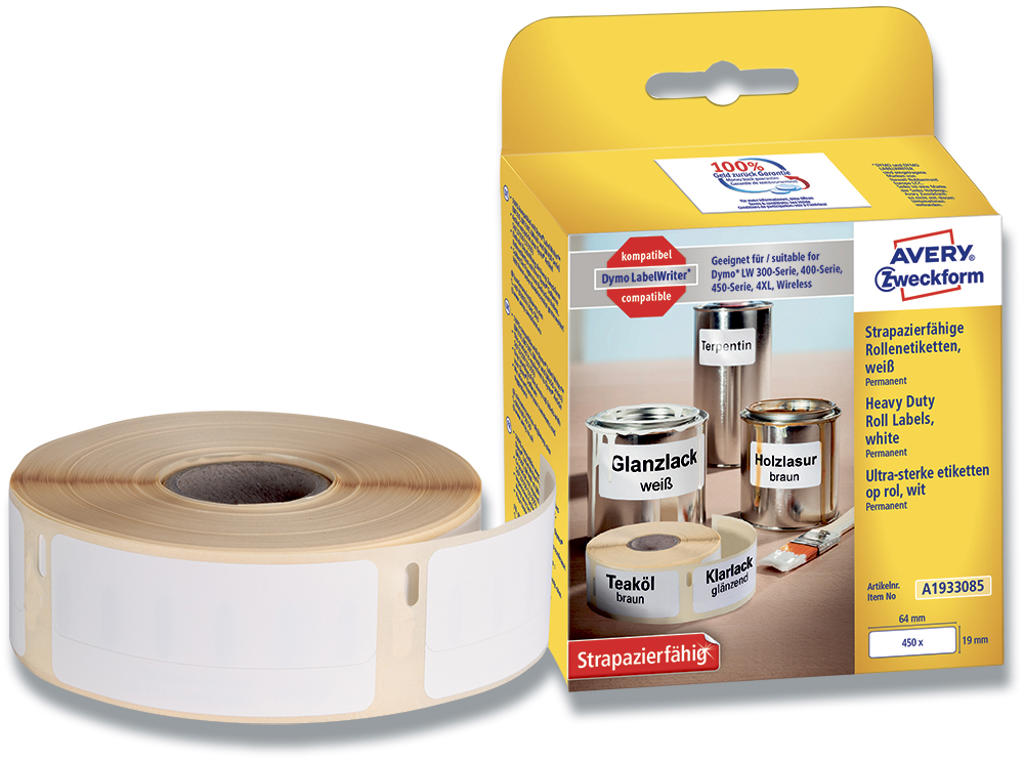 Labeletiketter, Holdbare og modstandsdygtige, 19x64 mm, 1 rulle af 450 etiketter, Avery Direct Thermal 1933085