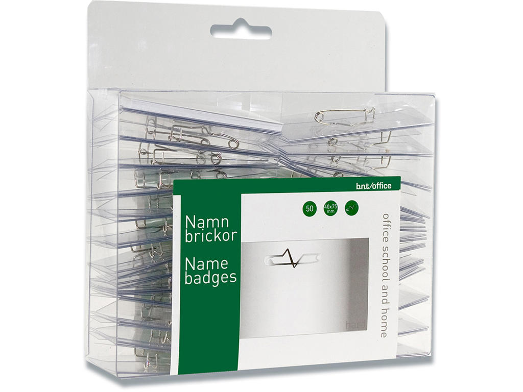 Navneskilt, Med sikkerhedsnål og indstik, 40x75 mm, 50 stk, BNT Office 