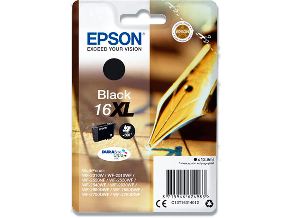 Blækpatron, 1 stk, 500 sider, Black-sort, Epson 16XL-T1631