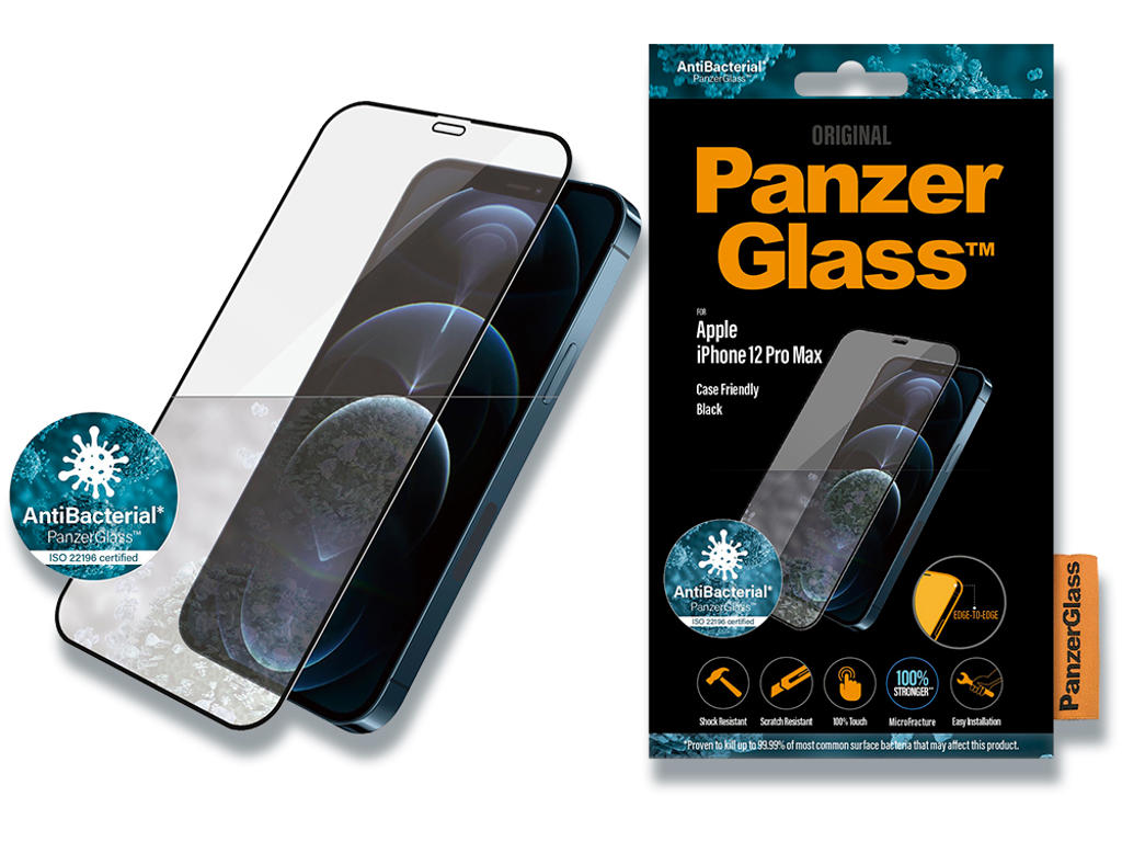 Skærmbeskyttelse, iPhone 12 Pro Max, Sort, 1 stk, PanzerGlass Antibacterial Case Friendly 