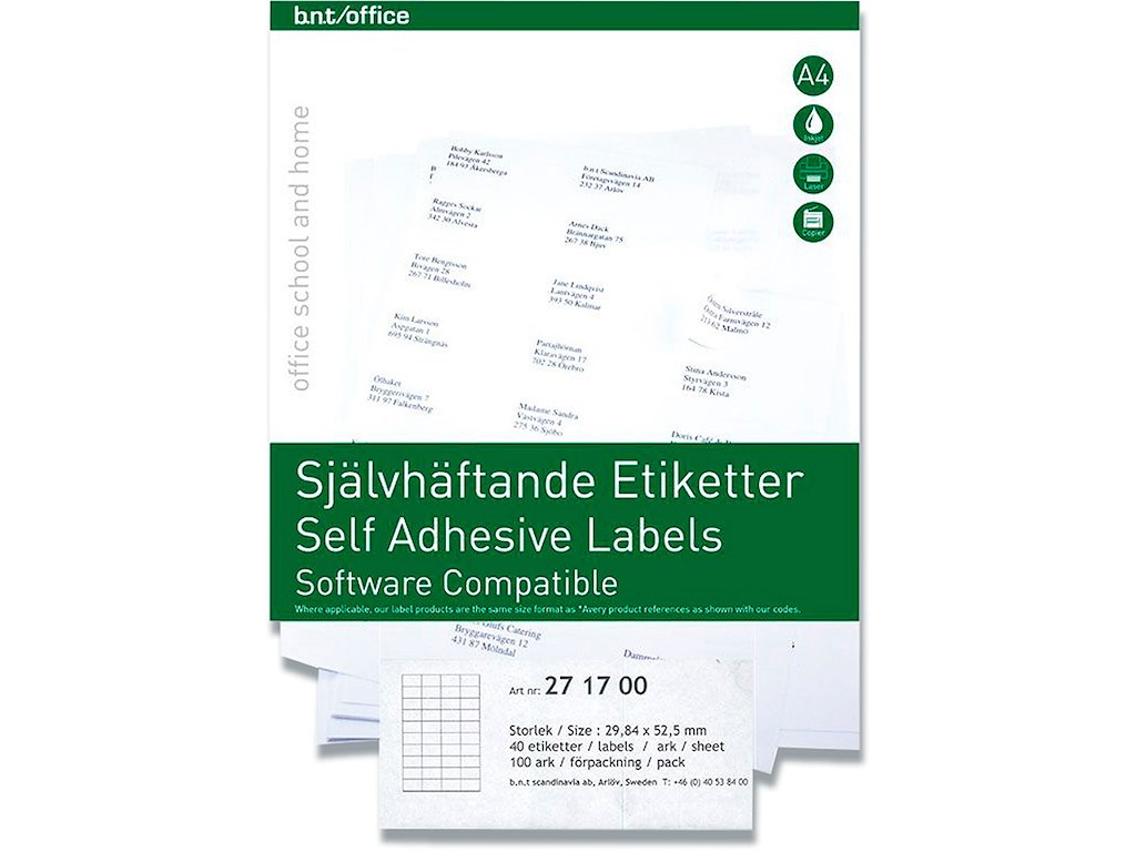 Etiketter, 29.84x52.5 mm, Hvid, 4000 etiketter i alt, BNT Office 