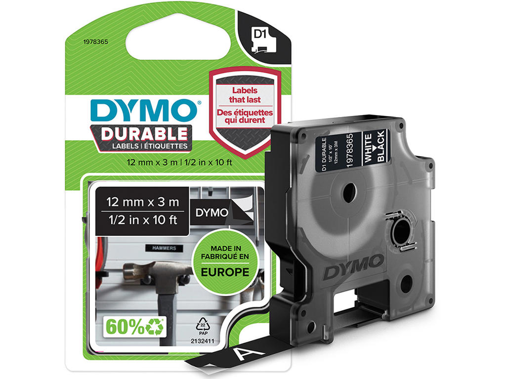 Labeltape, 12mm x 3m, Hvid på sort, 1 rulle, Dymo D1 Ekstra stærk