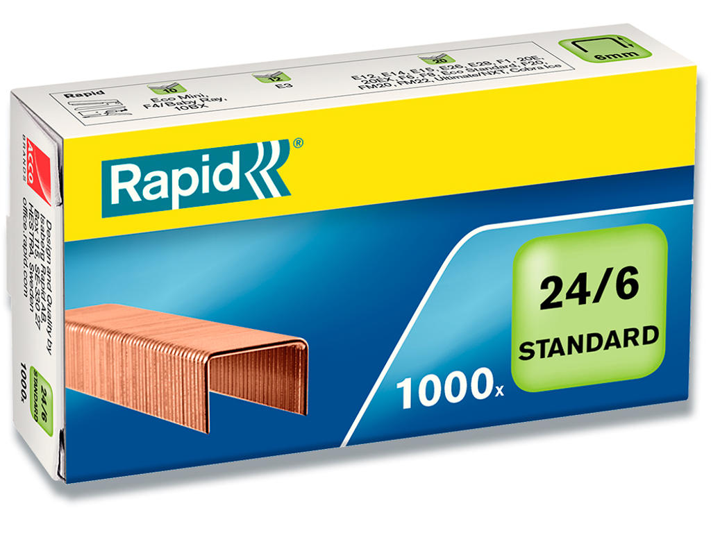 Hæfteklammer, Klamme 24/6, 20 ark, 1.000 klammer, Rapid Standard