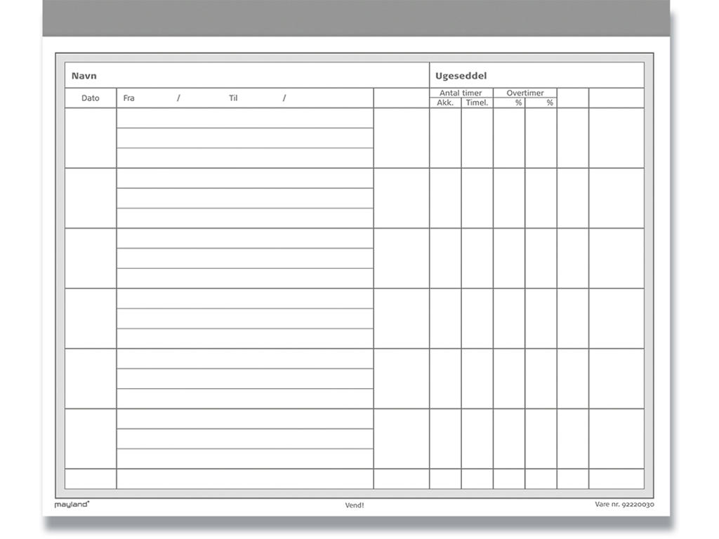 Ugeseddel, Tværformat, 200x148 mm, 2x50 blade, Mayland 