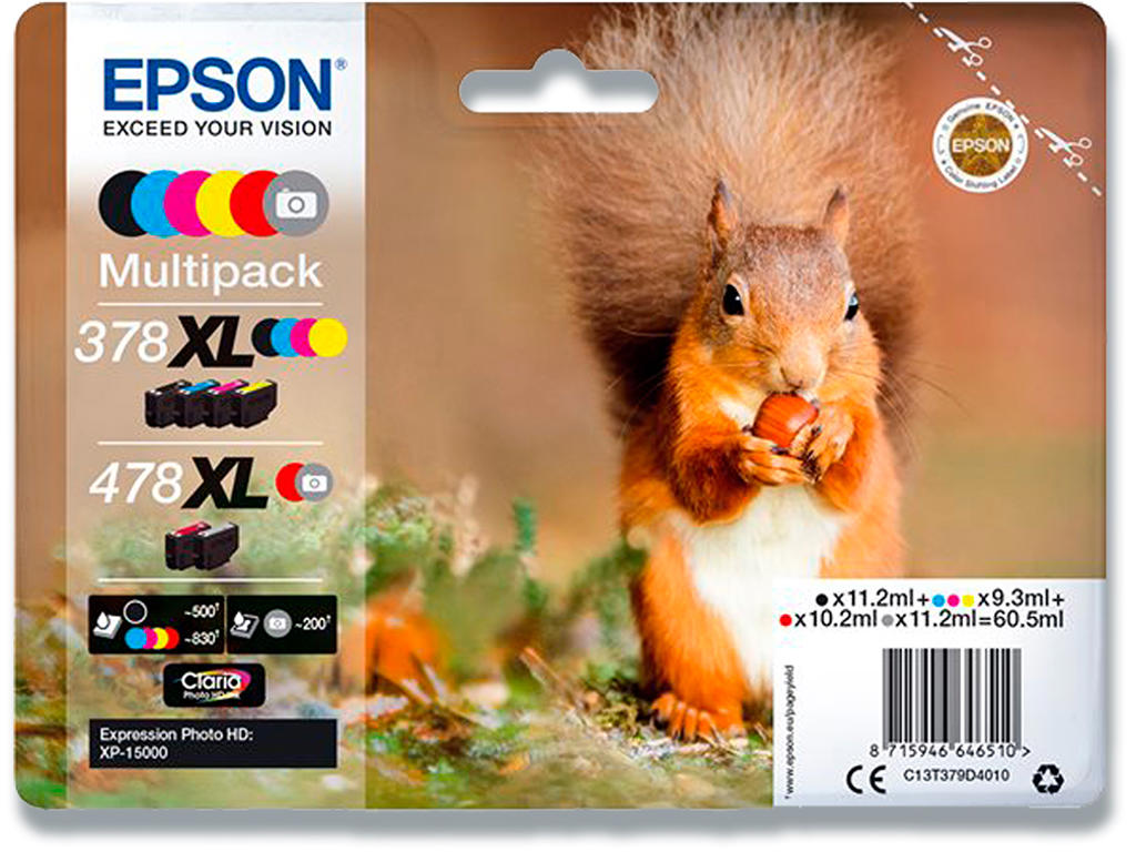 Blækpatroner, 6 stk, sort: 500 s. cyan magenta yellow rød: 830 s. grå:2, 6 farver, Epson 378XL/478XL