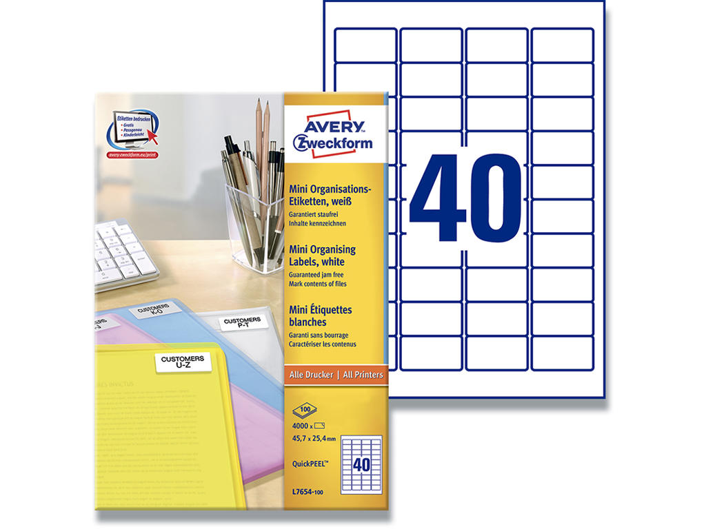 Etiketter, 45.7x25.4 mm, Hvid, 4000 etiketter i alt, Avery JamFREE 