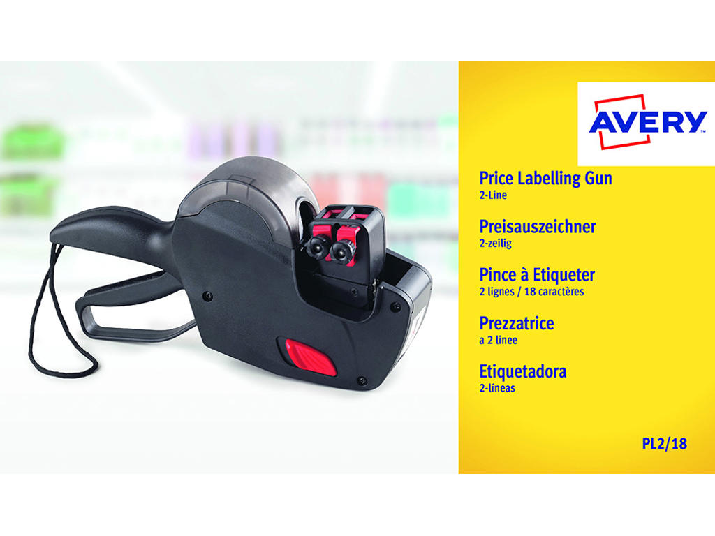 Prismærkepistol, 2 linje, 10+8 cifre, 16x26 mm, Sort, Avery PL2/18