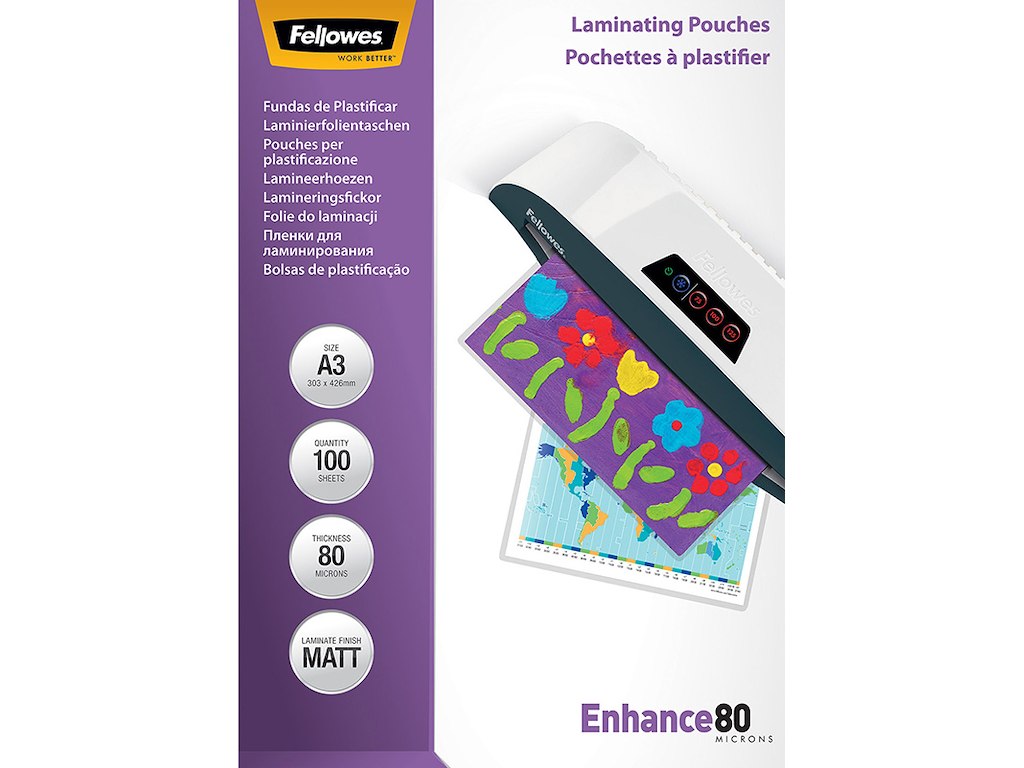 Lamineringslommer, A3, 80 micron, 100 stk, Fellowes Mat