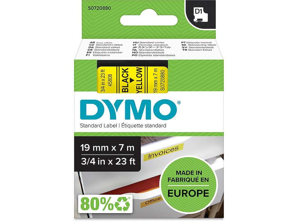 Labeltape, 19mm x 7m, Sort på Gul, 1 rulle, Dymo D1 45808