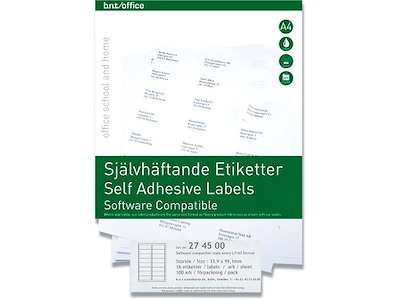 Etiketter, 33.9x99.1 mm, Hvid, 1600 etiketter i alt, BNT Office 