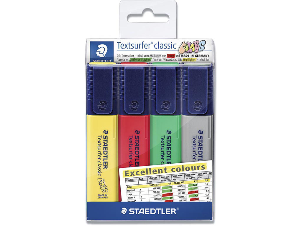 Tekstmarker, Permanent, Assorteret pastel, 4 stk, Staedtler Textsurfer Classic 364