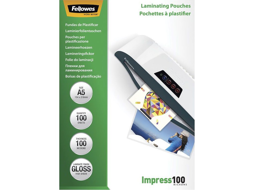 Lamineringslommer, A5, 100 micron, 100 stk, Fellowes Gloss