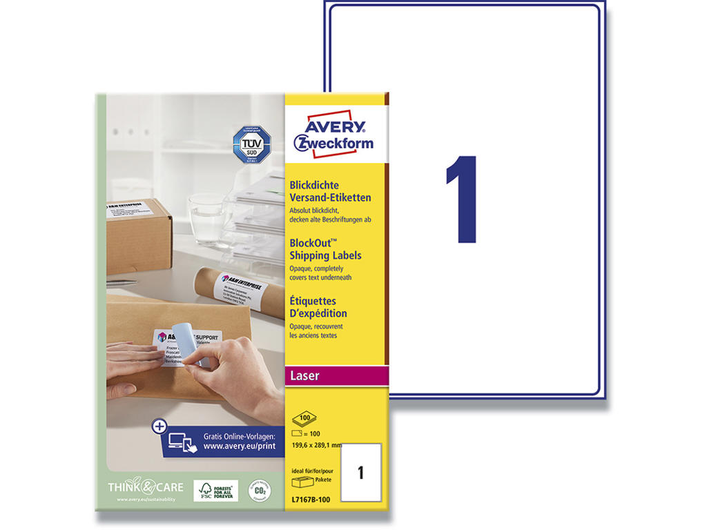 Etiketter, 199.6x289.1 mm, Hvid, 100 etiketter i alt, Avery BlockOut 