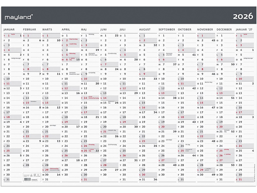 Vægkalender, 2026, Kæmpe, Moderne, 13 måneder, 100x70 cm, Mayland