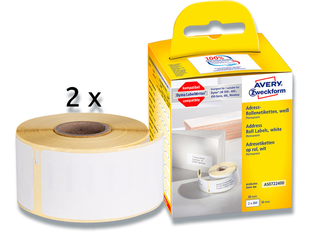 Labeletiketter, Adresse, 36x89 mm, 2 ruller af 260 etiketter, Avery 99012