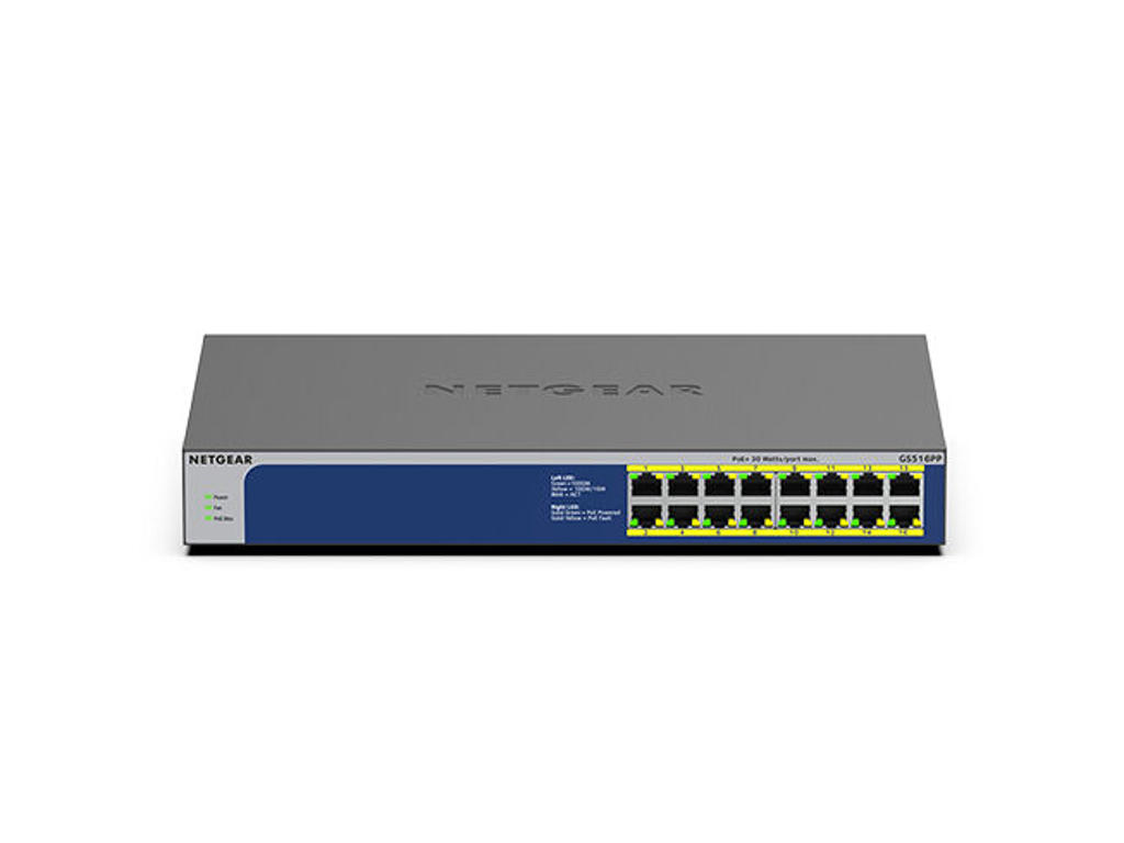 NETGEAR GS516PP Ikke administreret Gigabit Ethernet (10/100/1000) Strøm over Ethernet (PoE) Blå, Grå