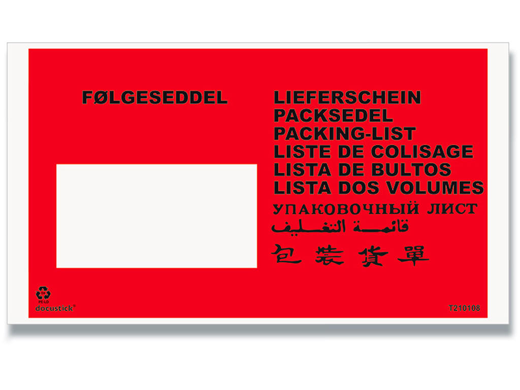 Følgeseddellommer, ''Følgeseddel'' på 10 sprog, C65, 1000 lommer, BNT Docustick 