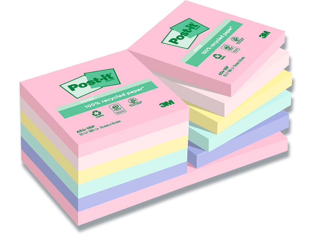 Memonotes, 76x76 mm, Assorteret Pastel rainbow, 12 blokke, Post-it Recycled 