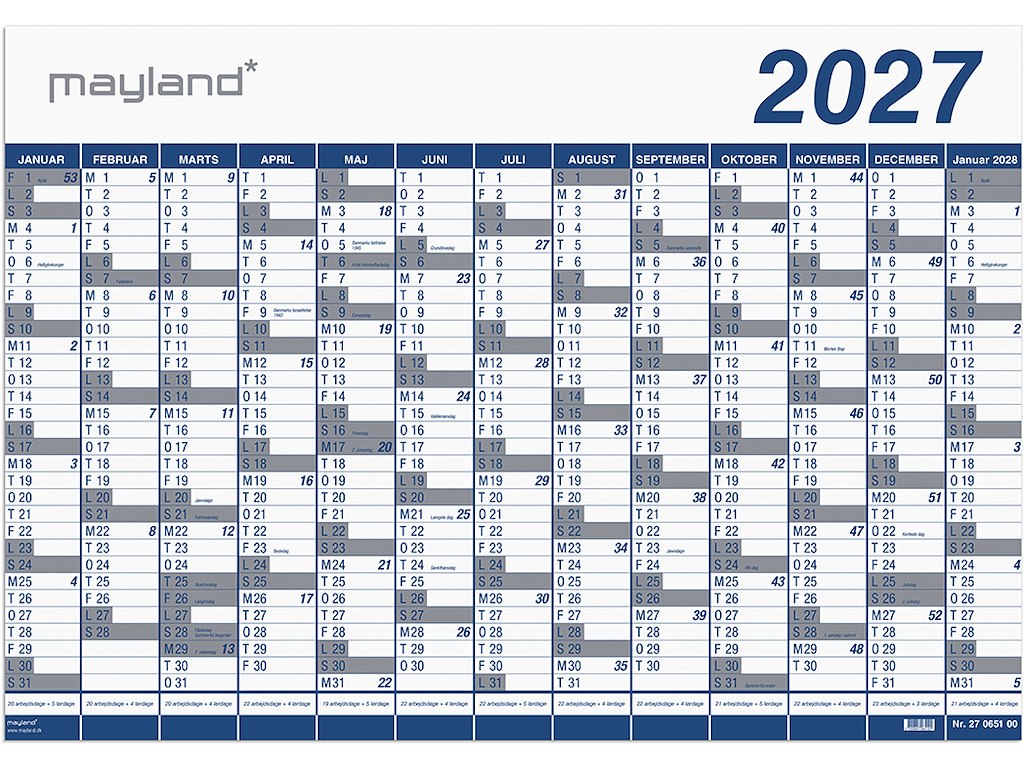 Vægkalender, 2027, Kæmpe, 13 måneder pr. side, 100x70 cm, Mayland