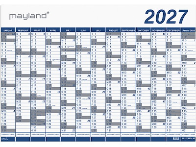 Vægkalender, 2027, Kæmpe, 13 måneder pr. side, 100x70 cm, Mayland