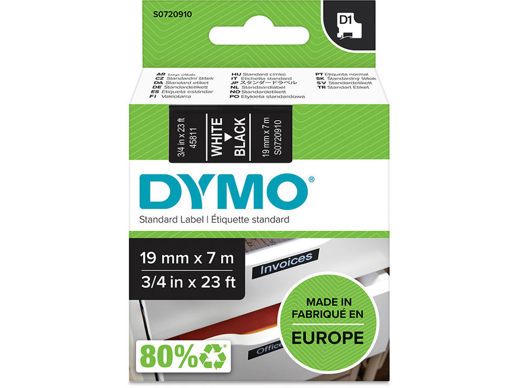 Labeltape, 19mm x 7m, Hvid på Sort, 1 rulle, Dymo D1 45811