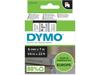 Labeltape, 6mm x 7m, Sort på Transparent, 1 rulle, Dymo D1 43610