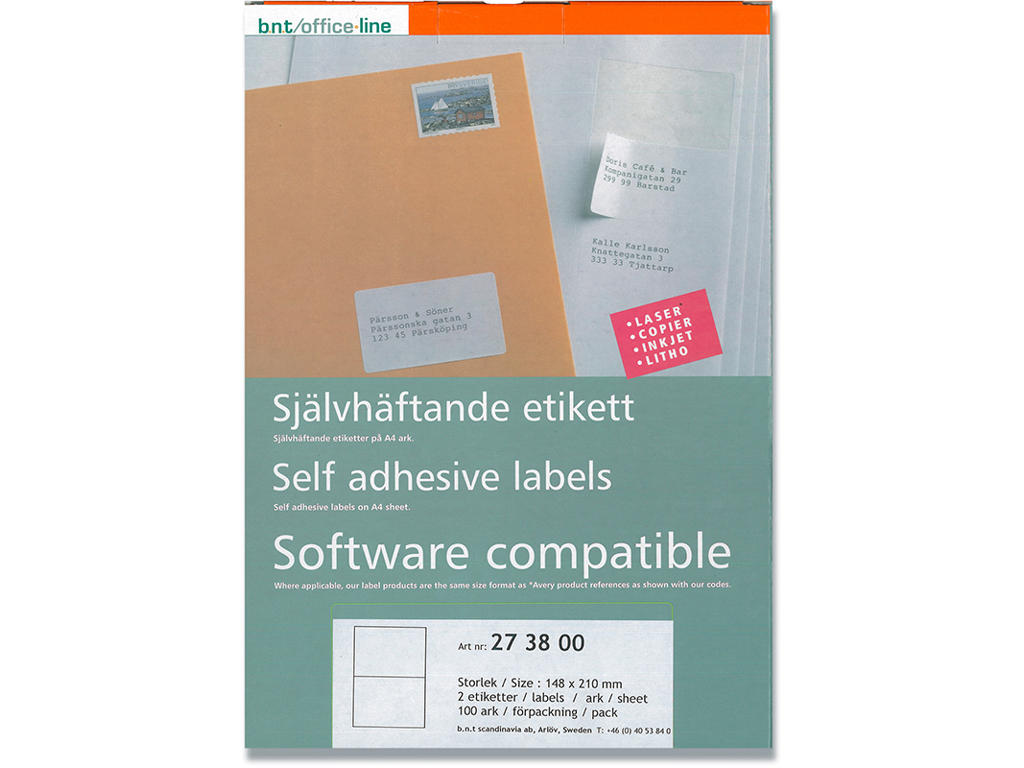 Etiketter, 148x210 mm, Hvid, 200 etiketter i alt, BNT Office 