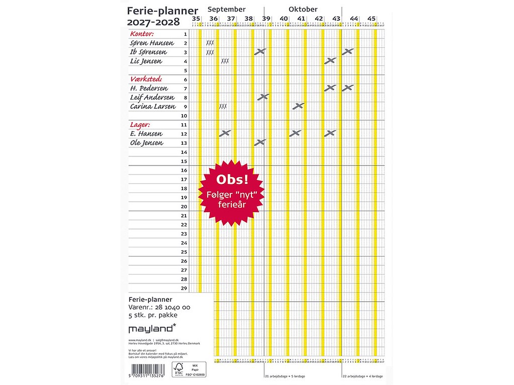 Ferie planner, 2027-2028, Ny ferielov, 1. september 2027 til 31. december 2028, Gul, Mayland