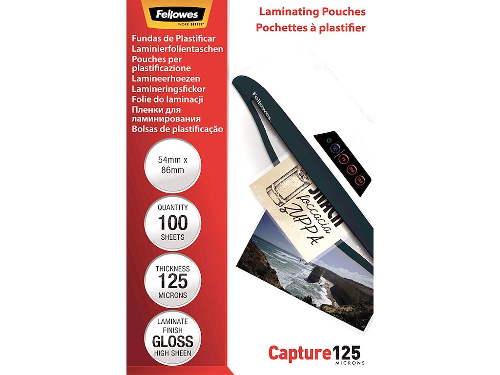 Lamineringslommer, 54x86 mm, 125 micron, 100 stk, Fellowes Gloss