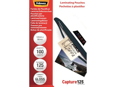 Lamineringslommer, 54x86 mm, 125 micron, 100 stk, Fellowes Gloss