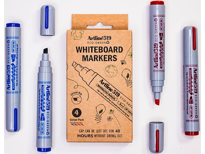 Whiteboard marker, Kantet spids, Blå Rød, 4 stk, 2-5 mm, Artline ECO-GREEN 519