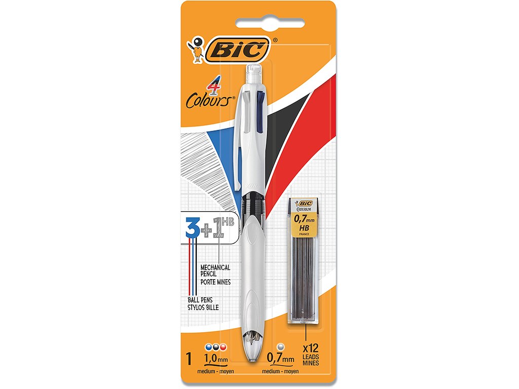Kuglepen, 1.0 mm og 0.7 mm, Sort Blå Rød Grafitstift, 1 stk, BiC Color Multifunction 4C Medium