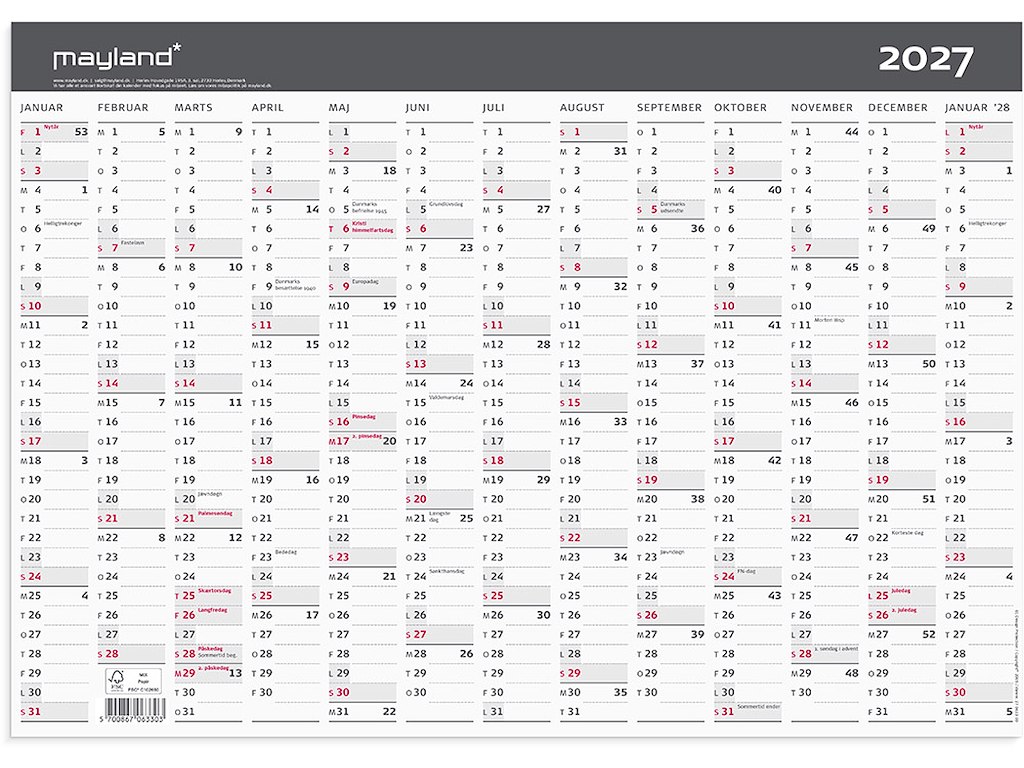 Vægkalender, 2027, A3, Kontor, Moderne, 13 måneder, Mayland