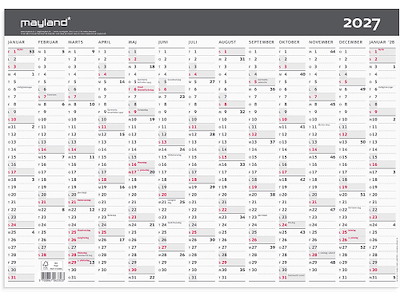 Vægkalender, 2027, A3, Kontor, Moderne, 13 måneder, Mayland