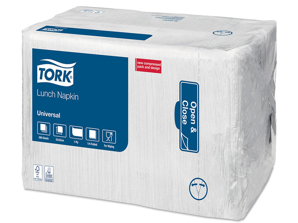 Servietter, 1 lag, Hvid, 33x33 cm, 4000 stk, Tork Universal