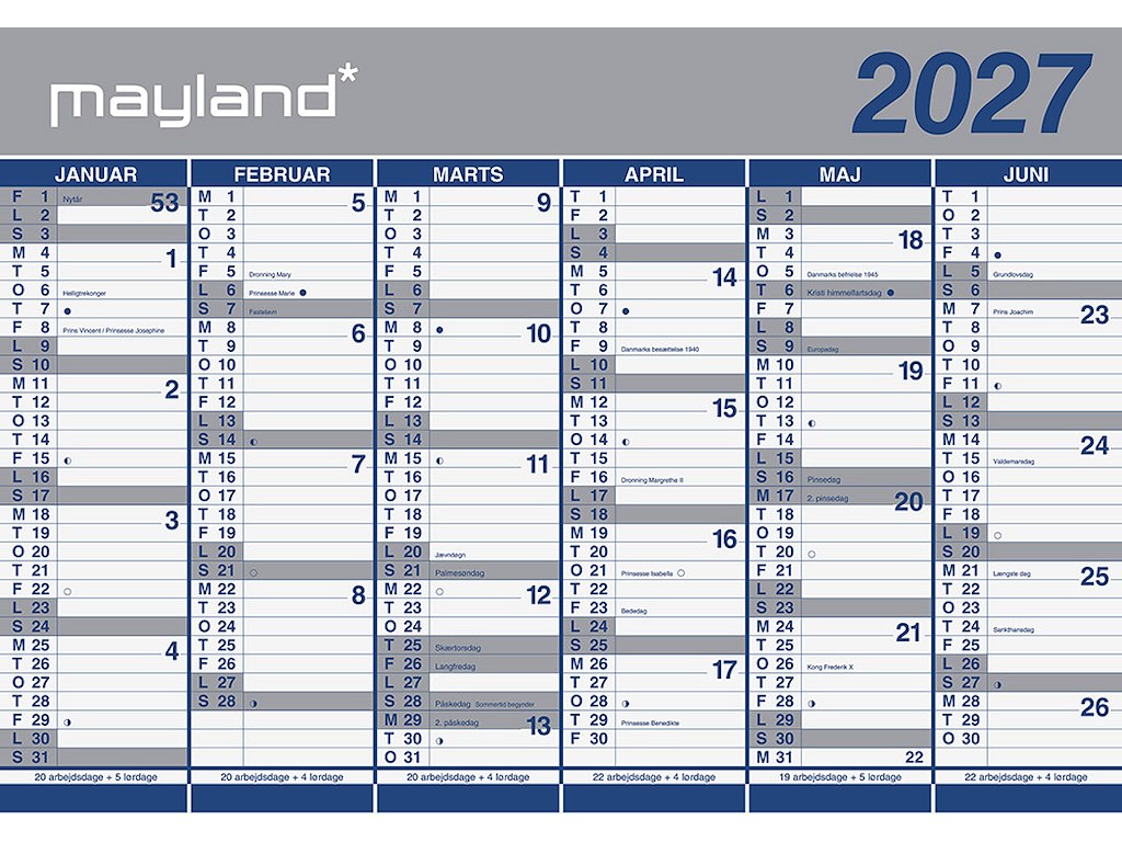 Vægkalender, 2027, Kæmpe, 6 måneder pr. side, 100x70 cm, Mayland