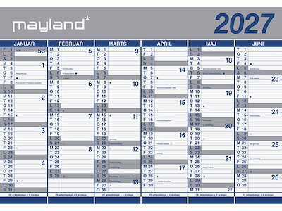 Vægkalender, 2027, Kæmpe, 6 måneder pr. side, 100x70 cm, Mayland