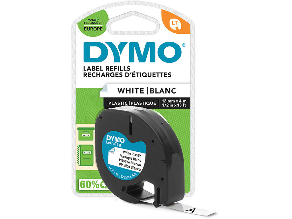 Labeltape, 12mm x 4m, Sort på Hvid, 1 rulle, Dymo LetraTag Plast