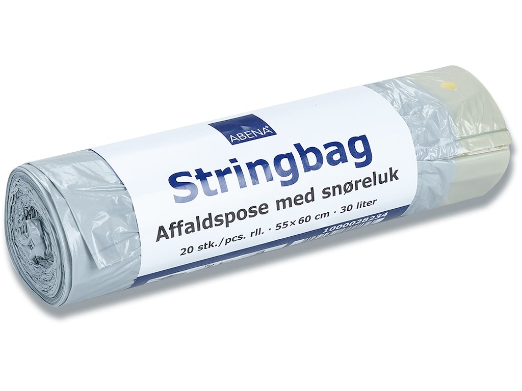 Affaldspose, Med snøreluk, 30 liter, 16 micron, Grå, 1 rulle, 20 poser pr rulle, Abena