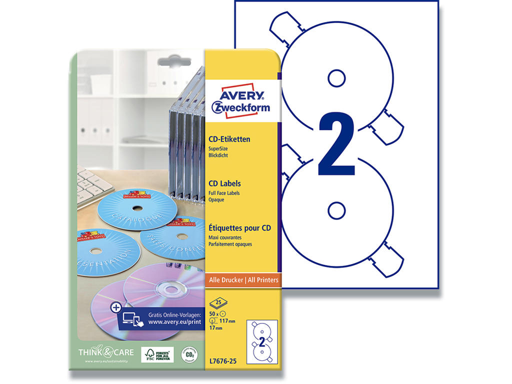 CD-DVD etiketter, Full face, Universal printer, 50 etiketter, Avery No Touch