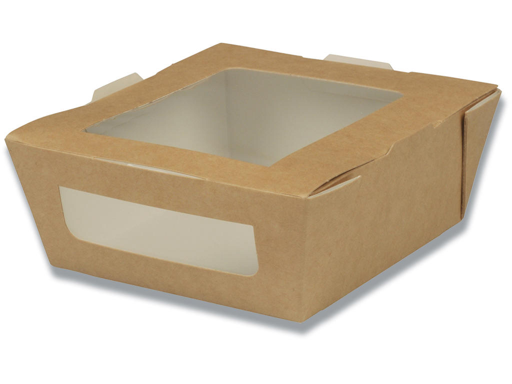 Take away bakke, 11x12x4,5cm, 200stk, 450 ml, brun, karton/PLA, med vindue, Duni