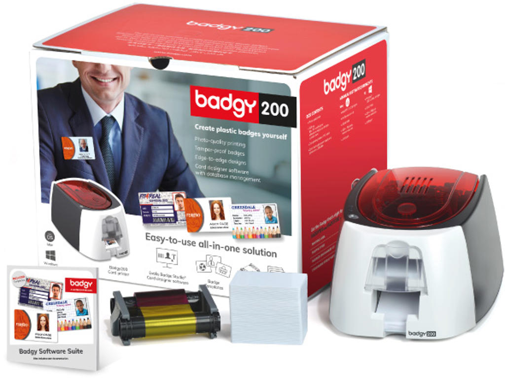 Plastkortprinter, Med 100 kort og farvebånd, Badgy200