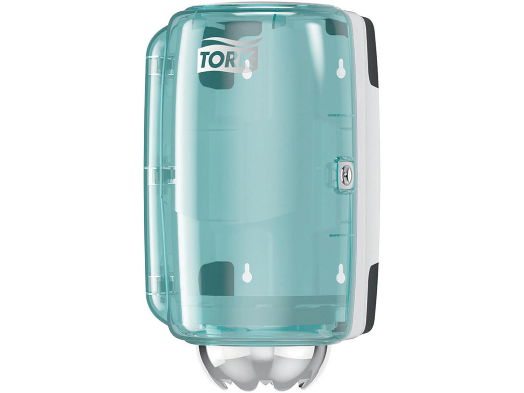 Aftørringsdispenser, Til aftørringsruller, Centerfeed, Turkis-Hvid, Tork Mini M1