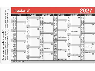 Vægkalender, 2027, Mini, 6 måneder pr. side, Mayland